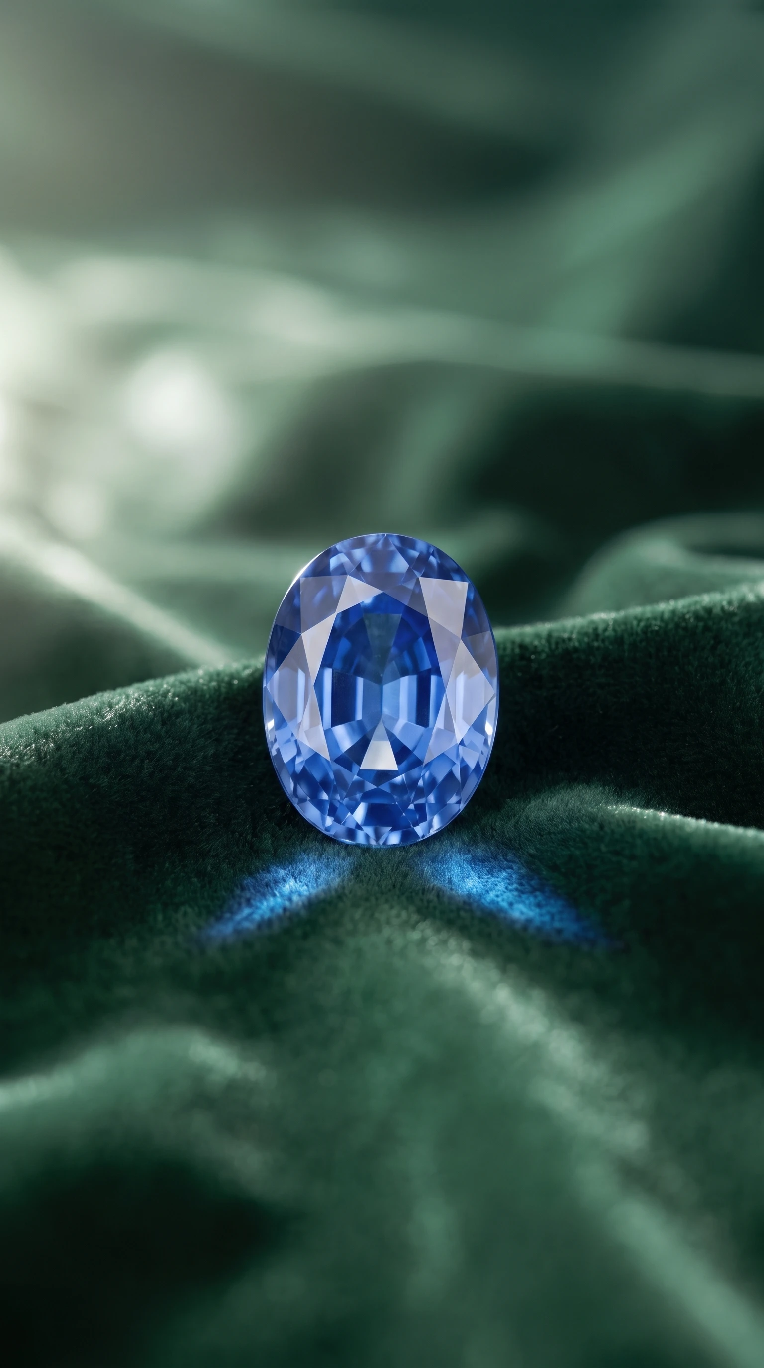 Uno zaffiro blu di Ceylon ovale sciolto su velluto verde foresta